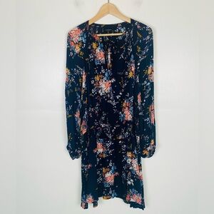 Lucky Brand Boho Floral Long Sleeves Mini Dress Sz XL Blue Puff Sleeves Smocked